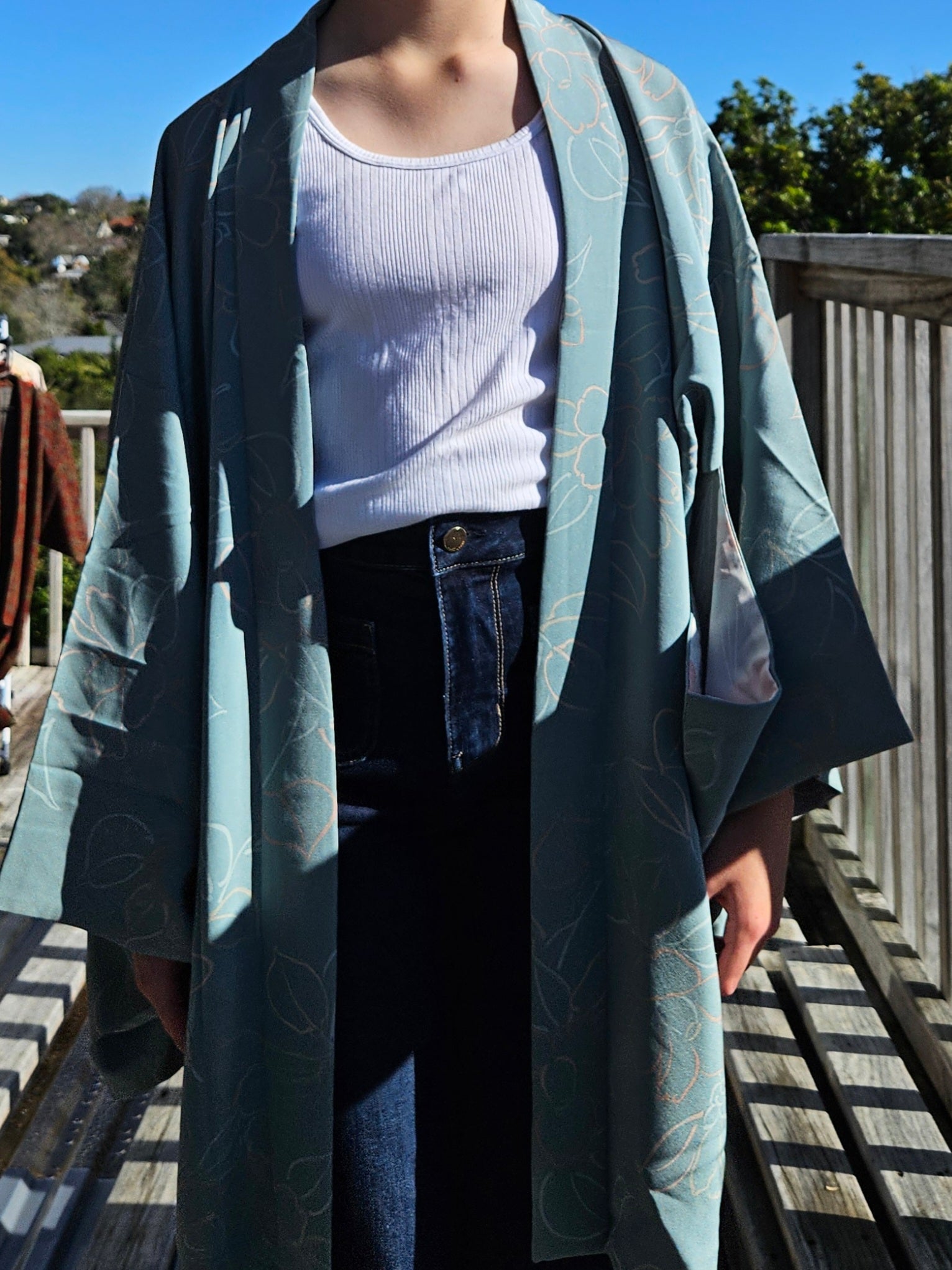 Soft Teal Sakura - Silk Haori Jacket
