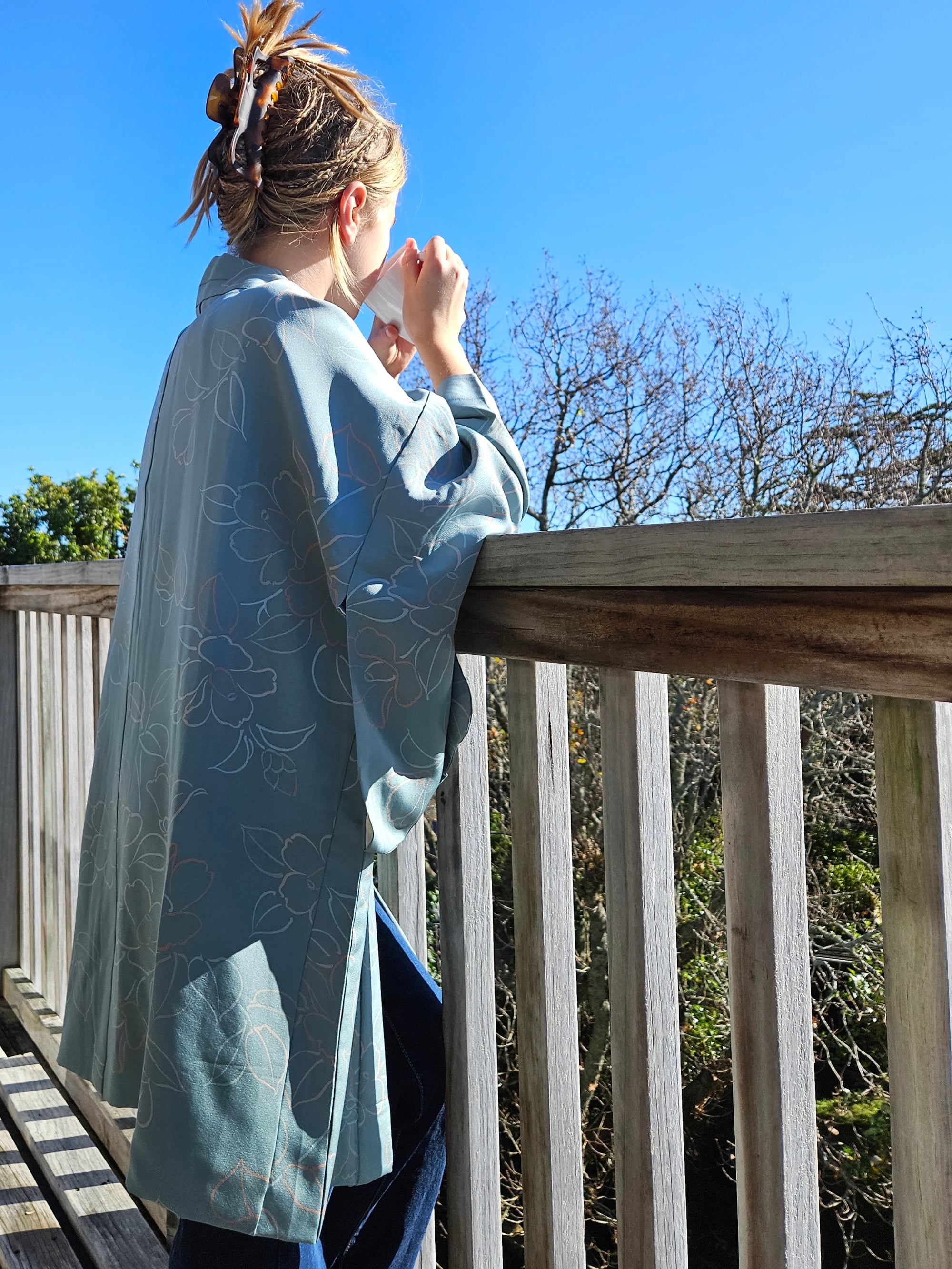 Soft Teal Sakura - Silk Haori Jacket