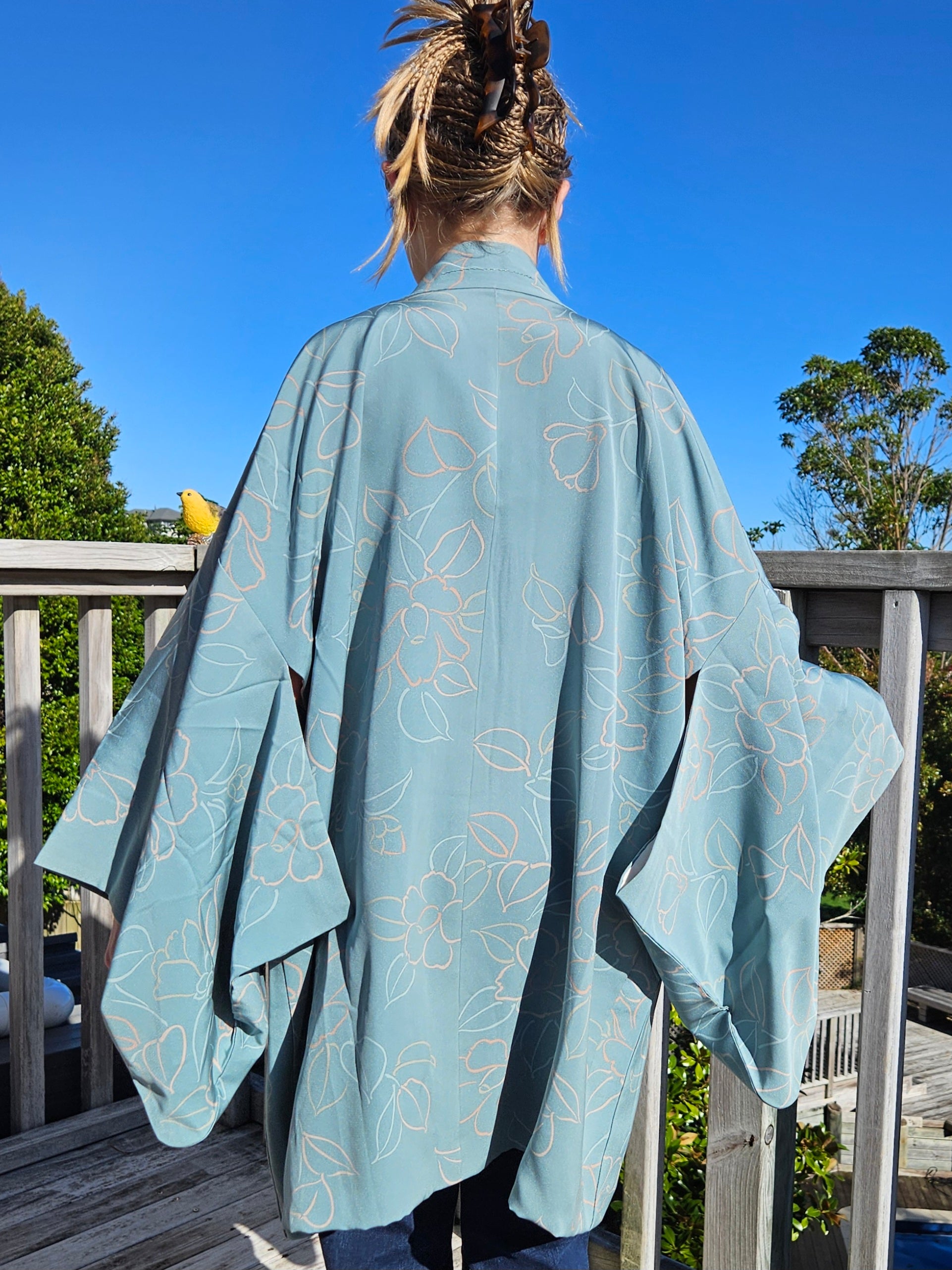 Soft Teal Sakura - Silk Haori Jacket