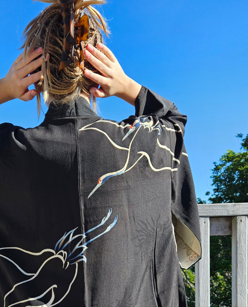 Black Silk with Dyed Cranes & Painted Lining - Haori Jacket