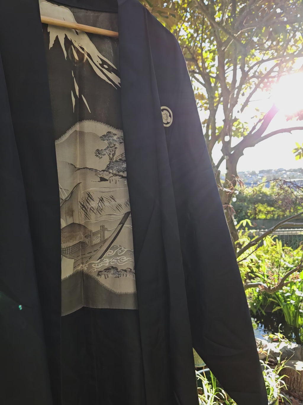 Black Silk with Scenic Mt. Fuji Lining - Men's Haori Jacket