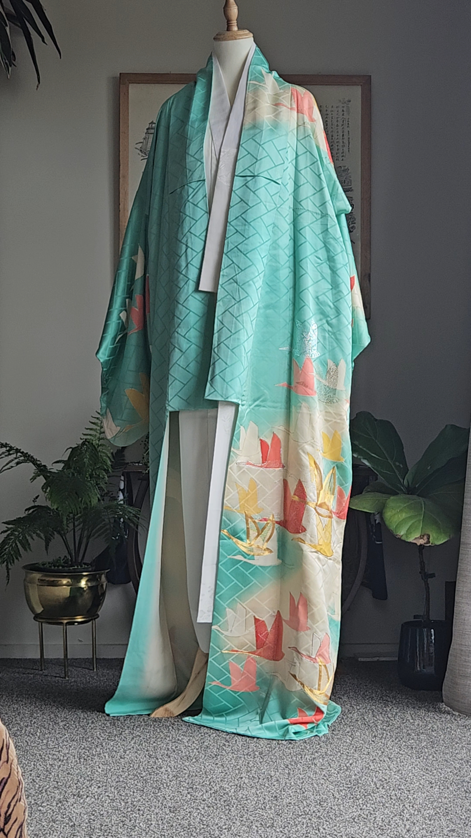 Turquoise Silk crane Kimono - for Annette