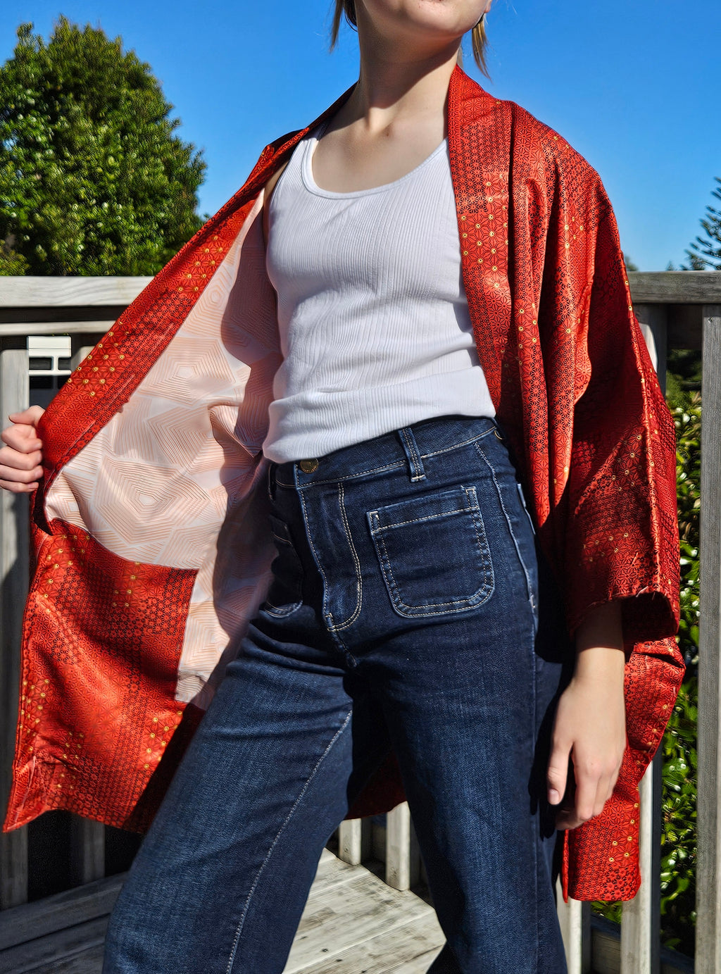Crimson Gold Geometry - Silk Haori Jacket