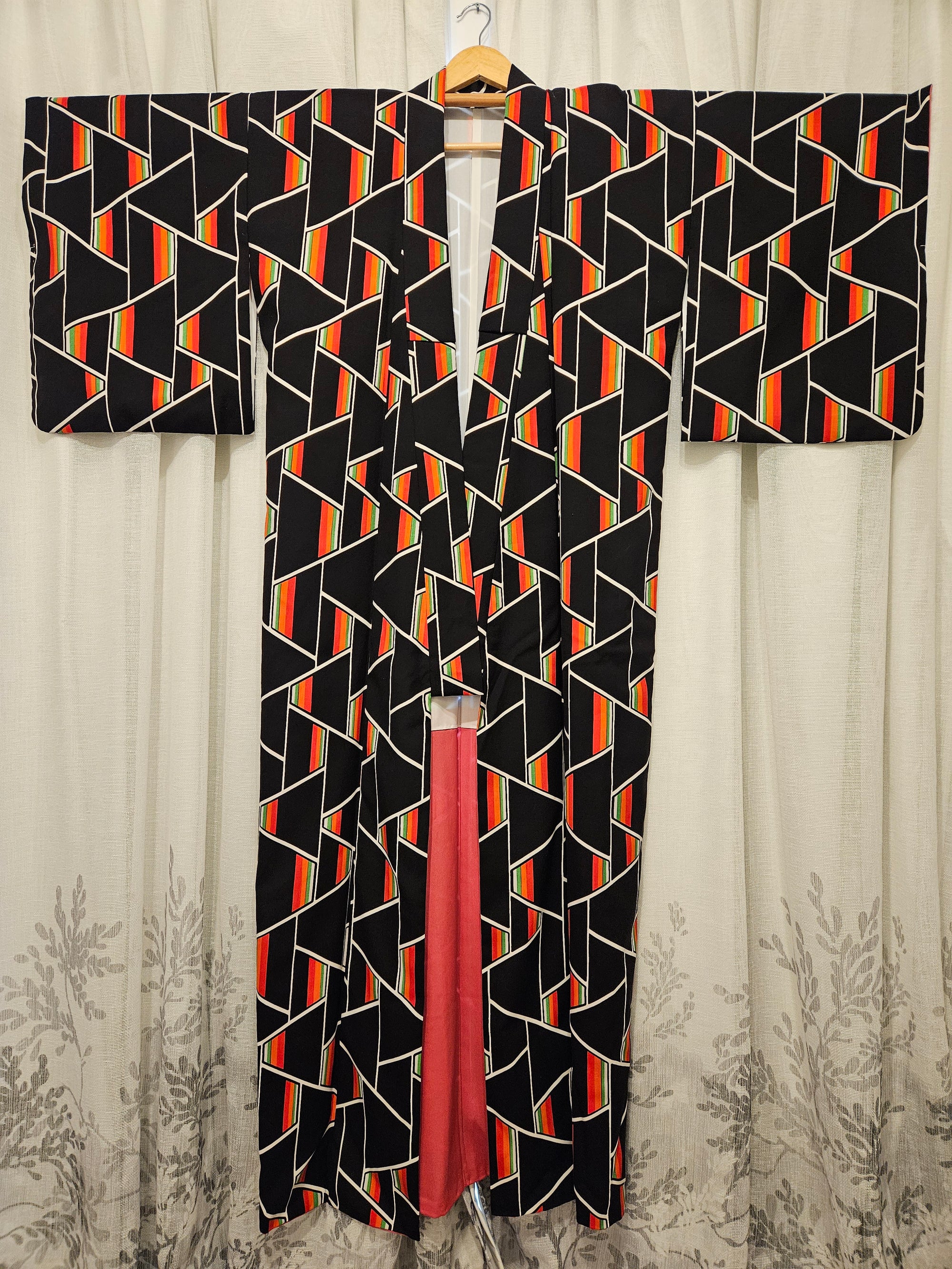 Bold Black Geometric with Red & Green Accents - Vintage Japanese Kimono