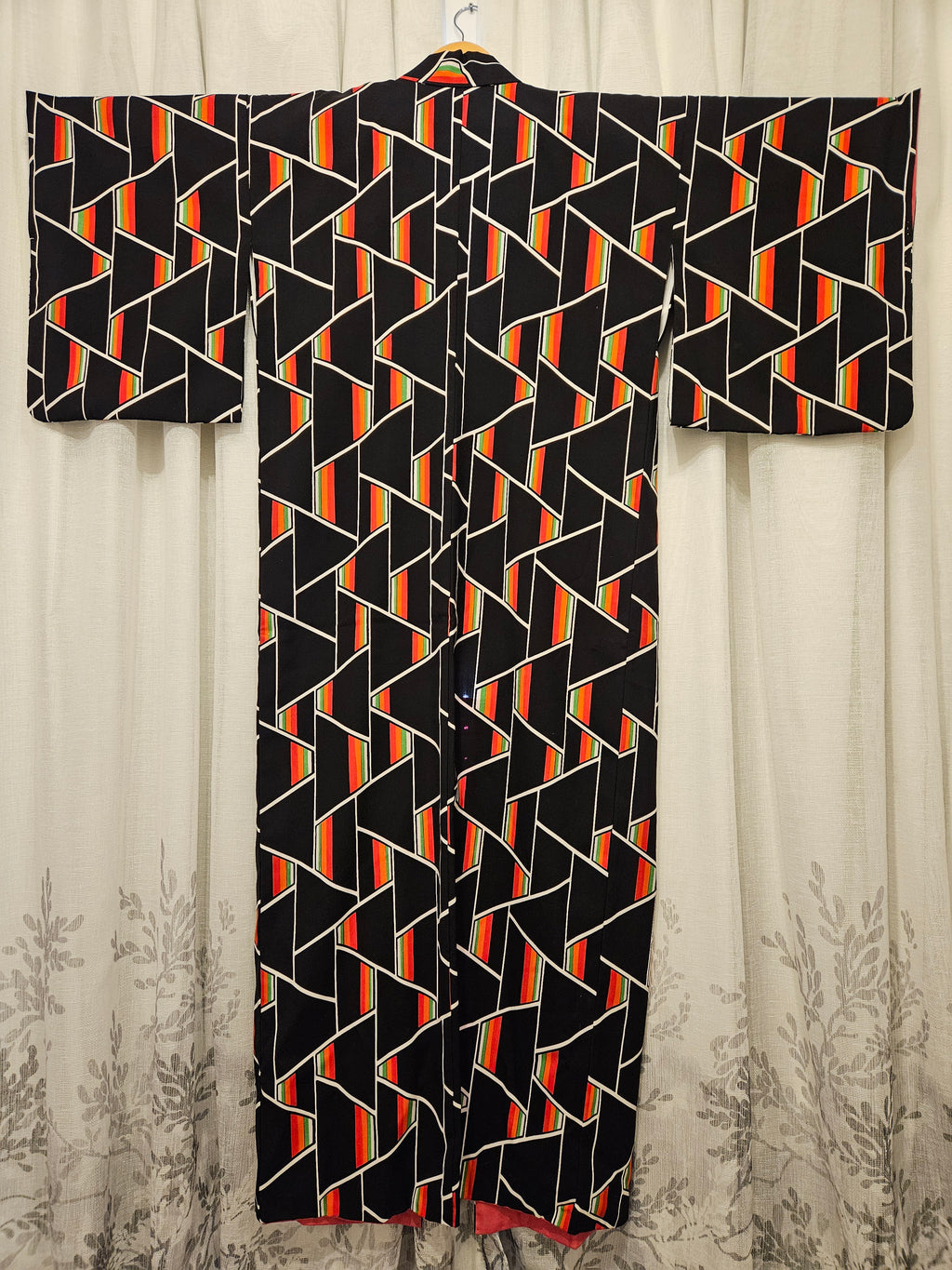 Bold Black Geometric with Red & Green Accents - Vintage Japanese Kimono