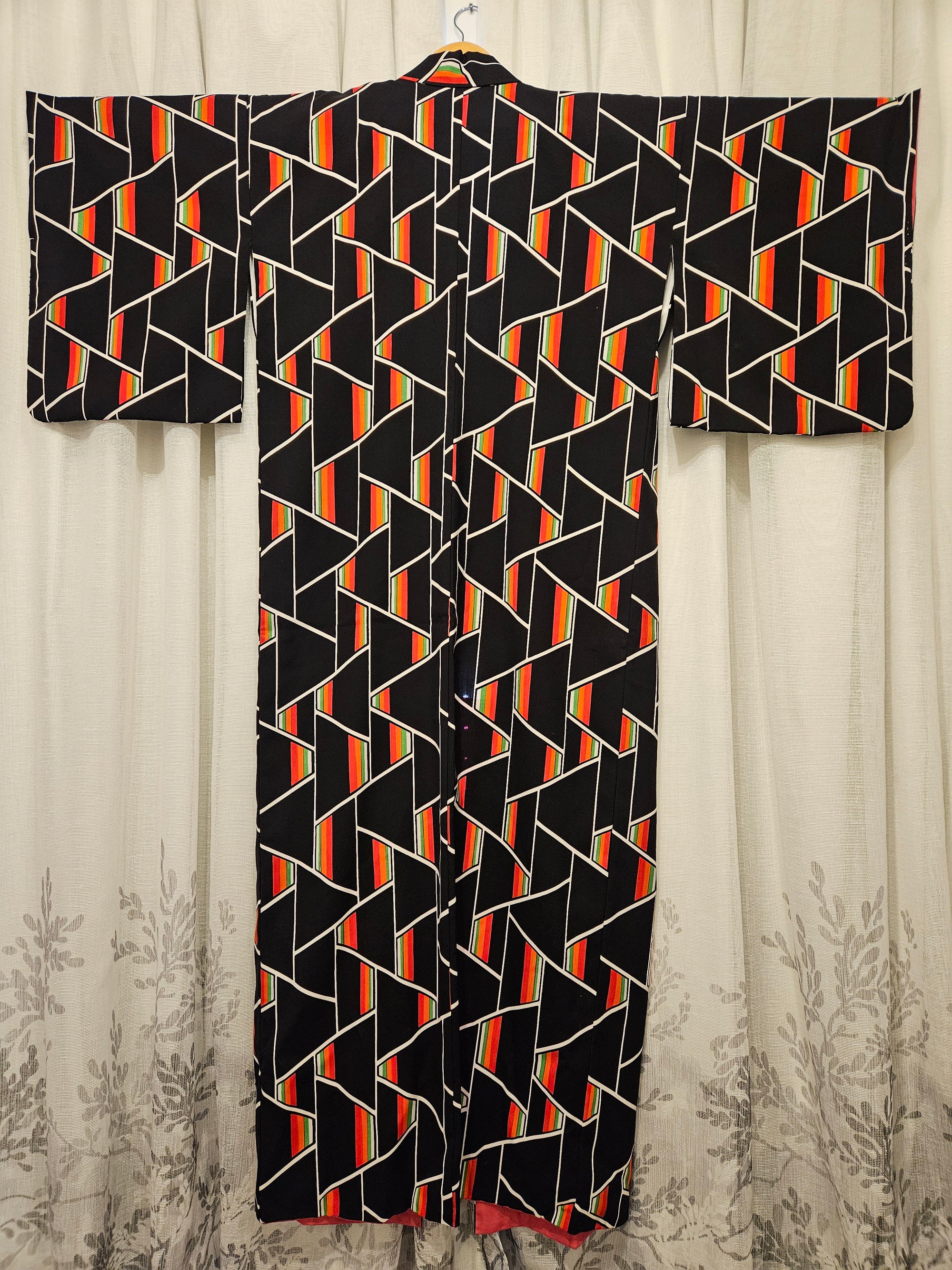Bold Black Geometric with Red & Green Accents - Vintage Japanese Kimono
