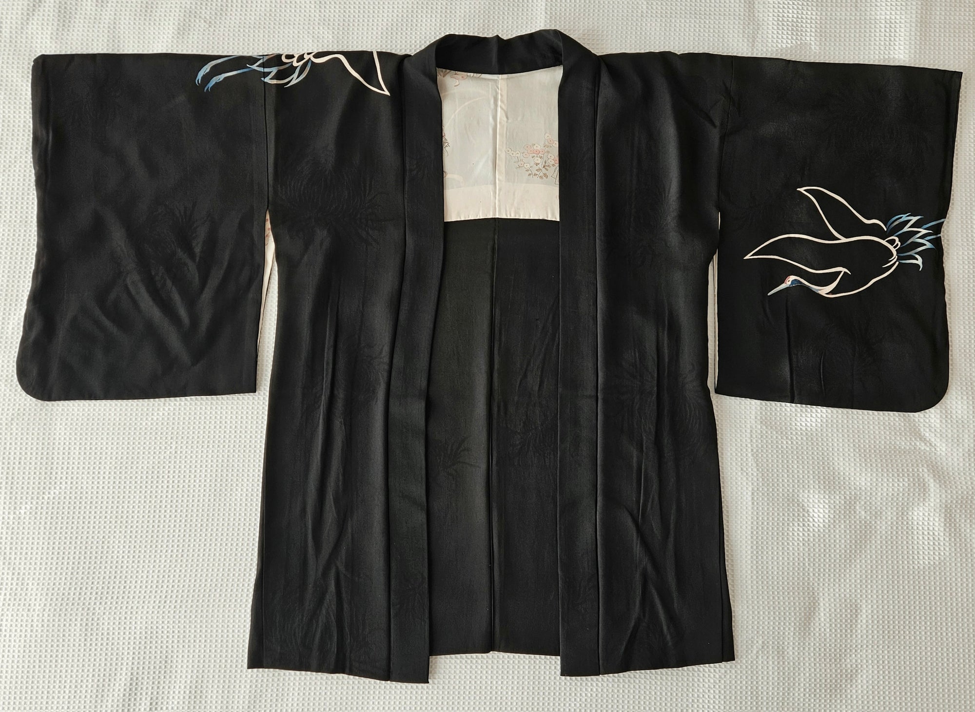 Black Silk with Dyed Cranes & Painted Lining - Haori Jacket