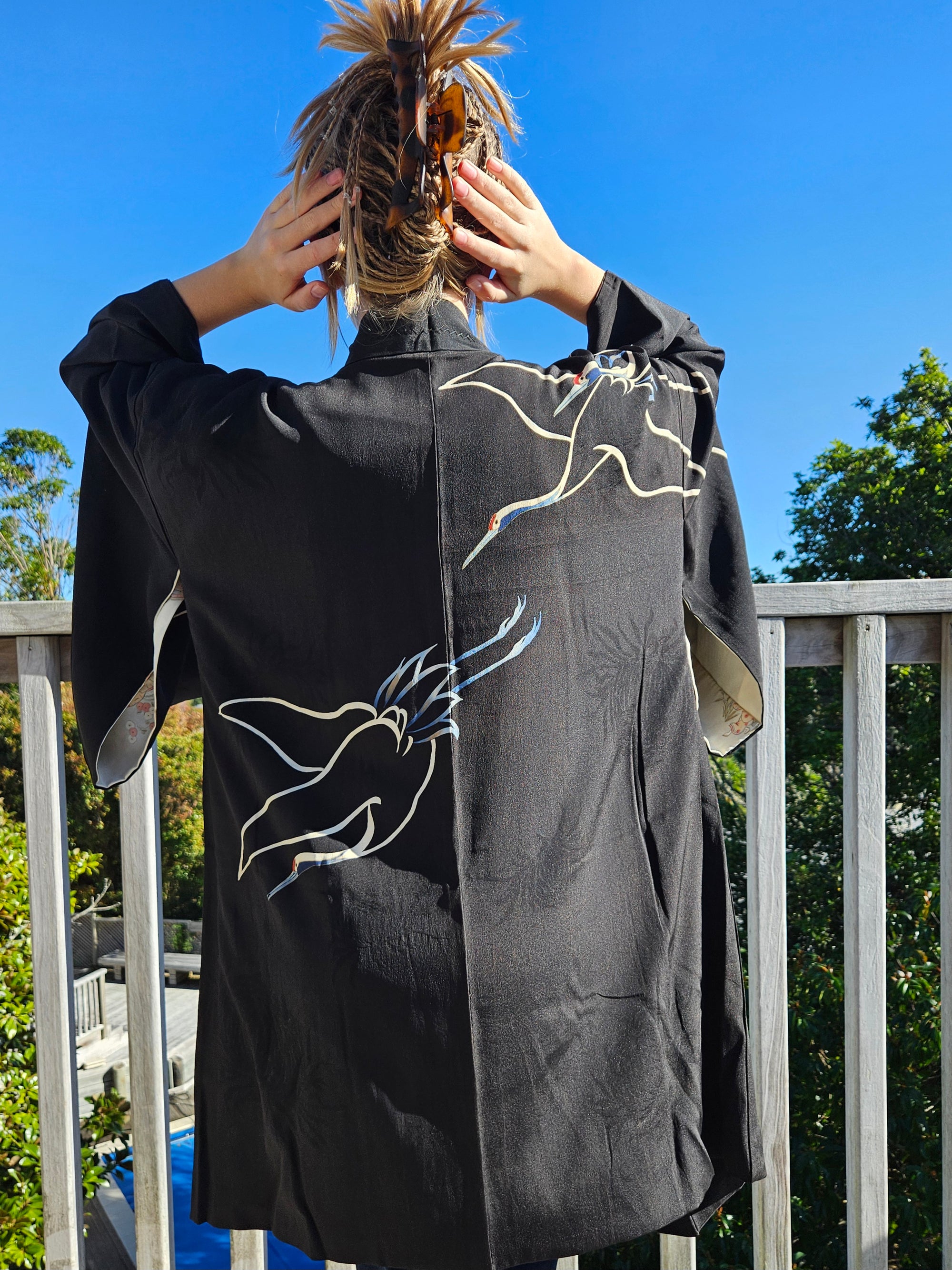 Black Silk with Dyed Cranes & Painted Lining - Haori Jacket