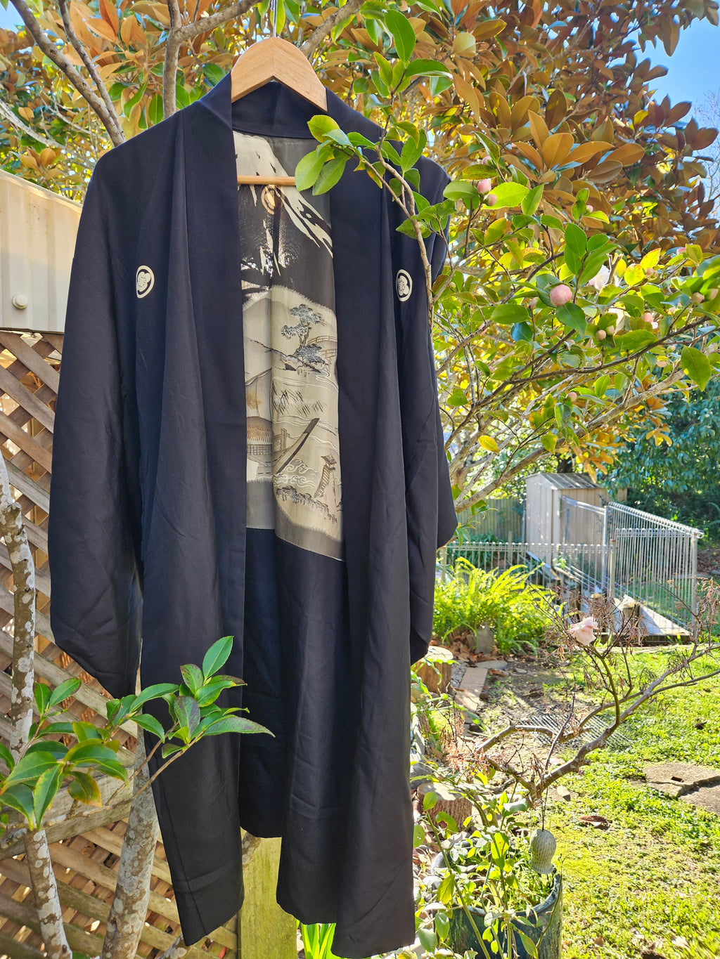 Black Silk with Scenic Mt. Fuji Lining - Men's Haori Jacket