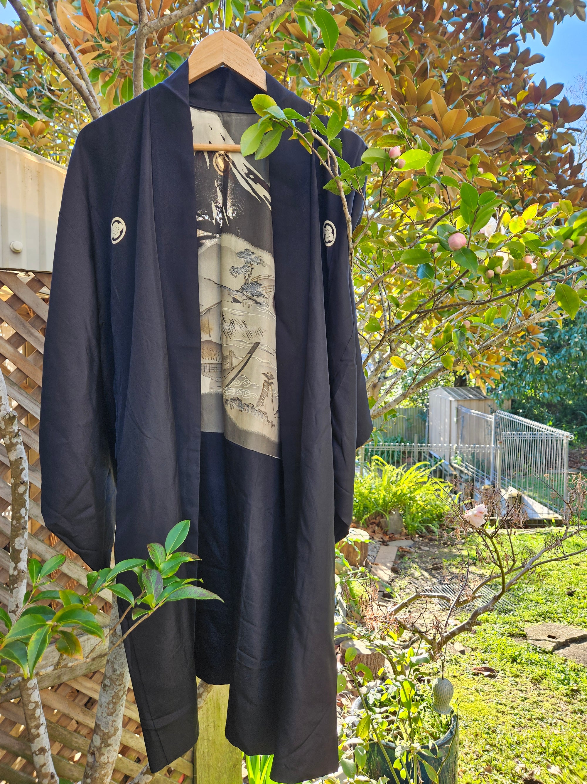 Black Silk with Scenic Mt. Fuji Lining - Men's Haori Jacket