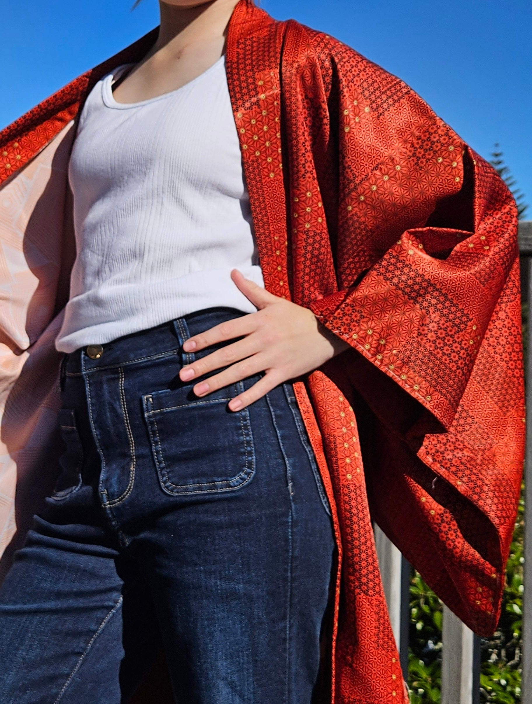 Crimson Gold Geometry - Silk Haori Jacket