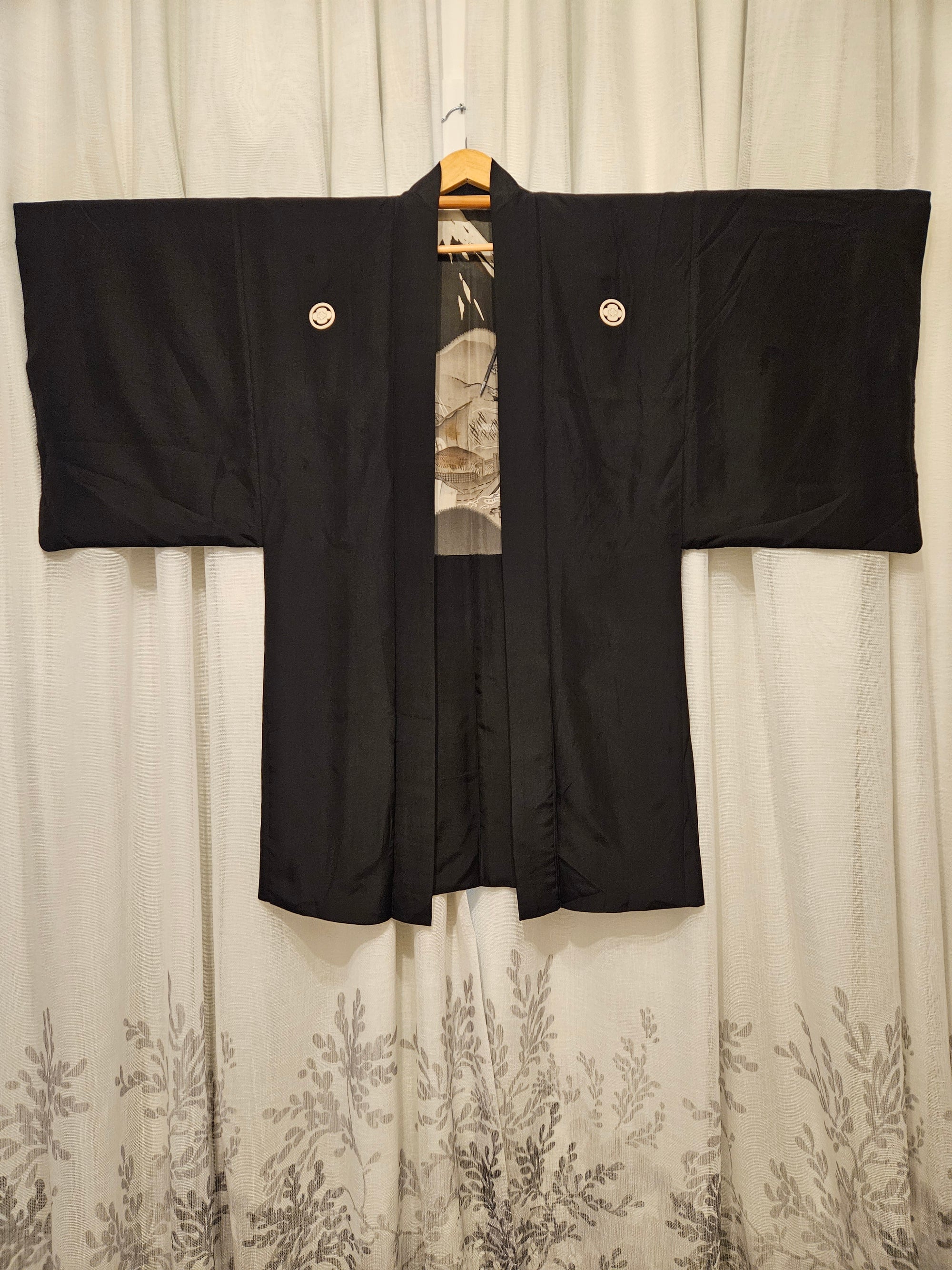 Black Silk with Scenic Mt. Fuji Lining - Men's Haori Jacket