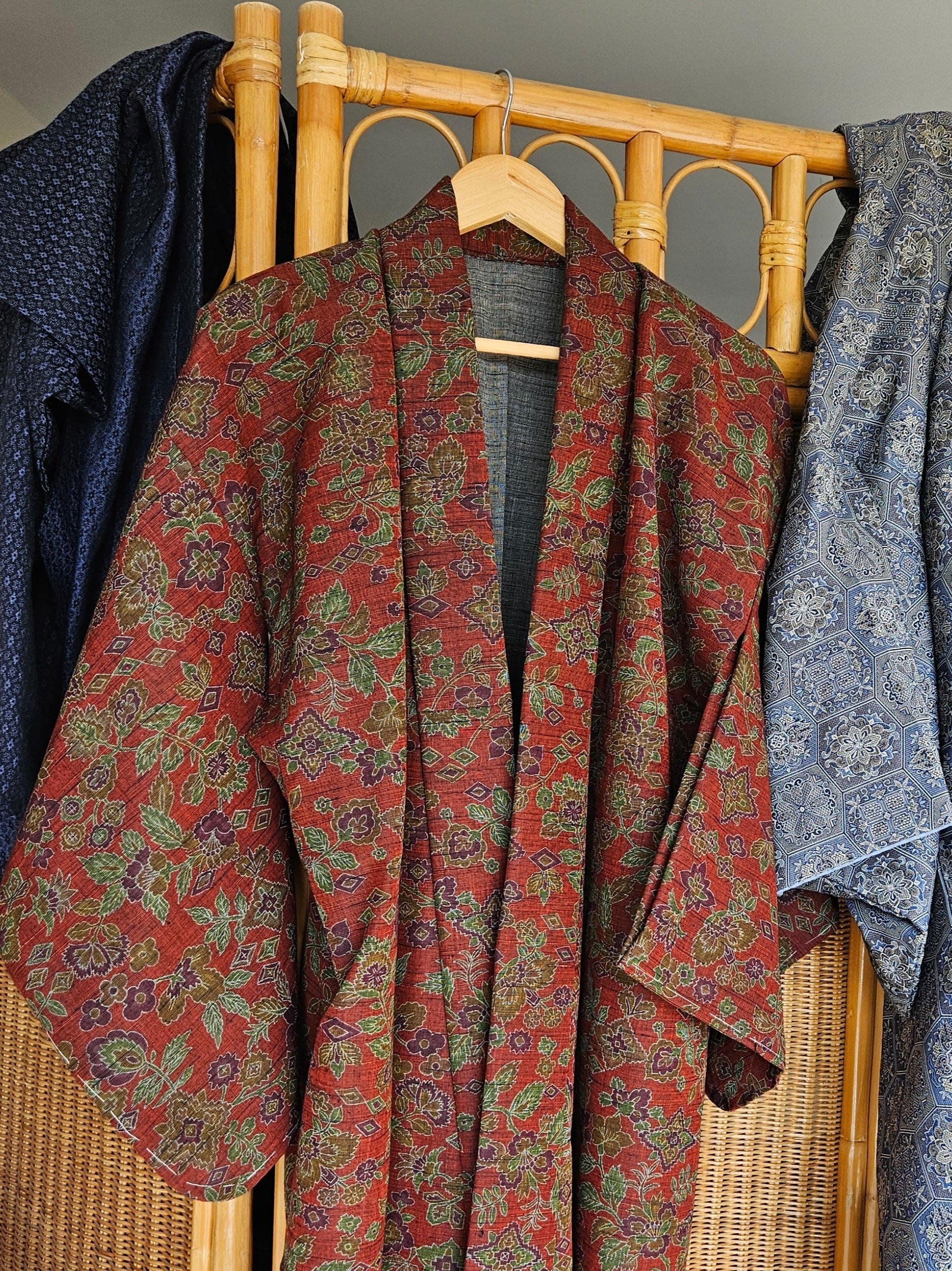 Deep Red Brocade with Floral Motif long Haori - Updated Fit