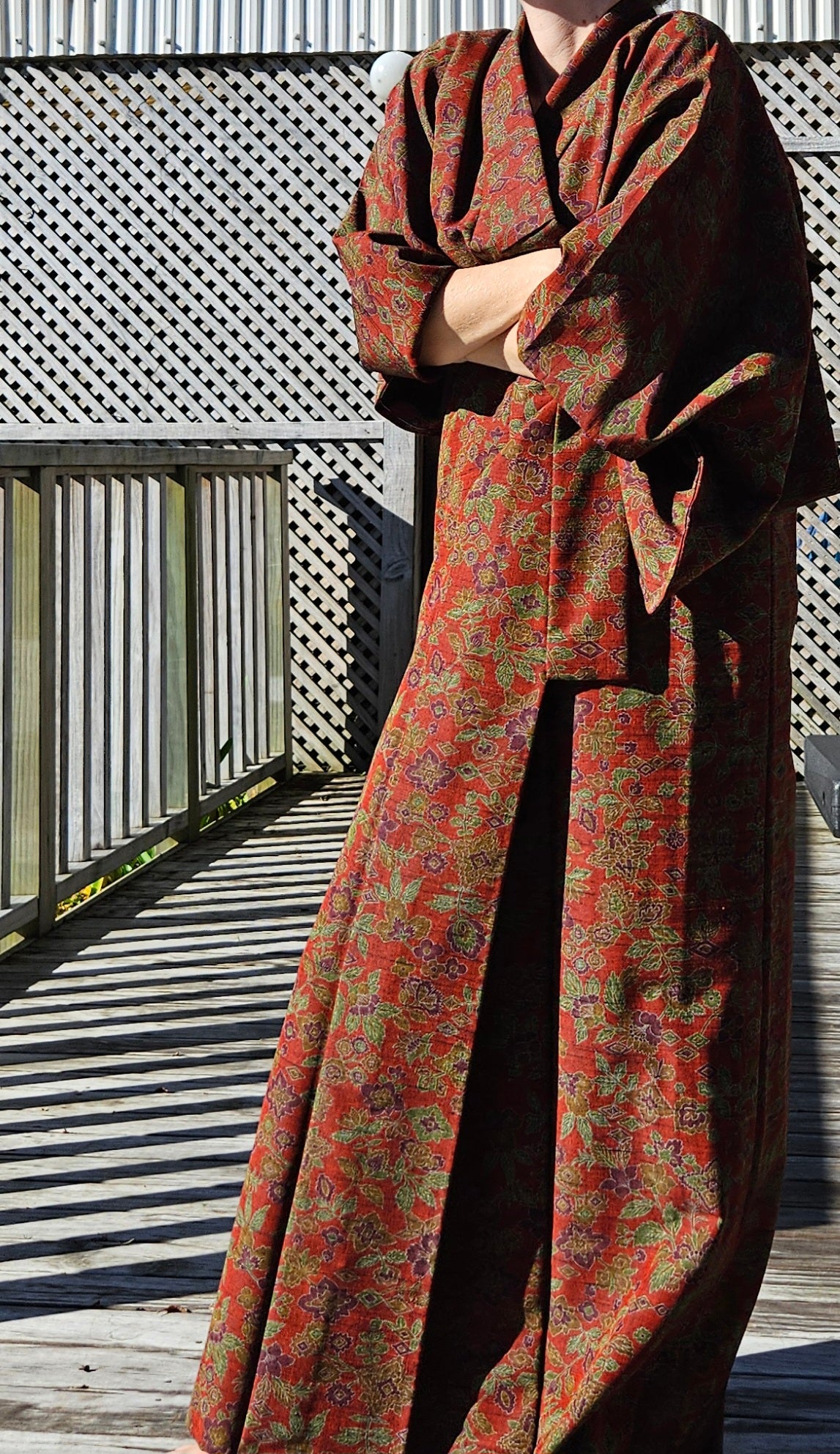 Deep Red Brocade with Floral Motif long Haori - Updated Fit