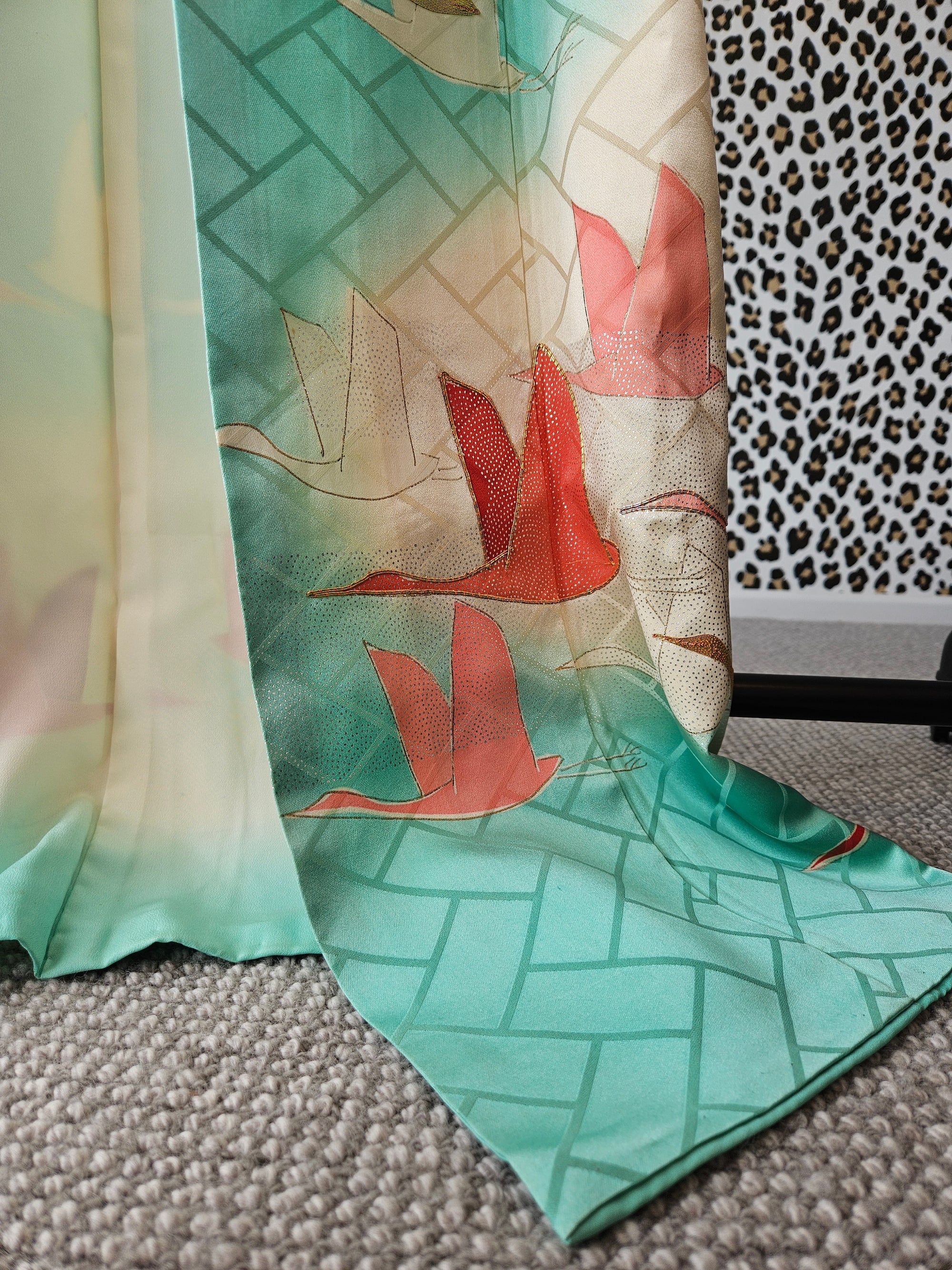 Turquoise Silk crane Kimono - for Annette