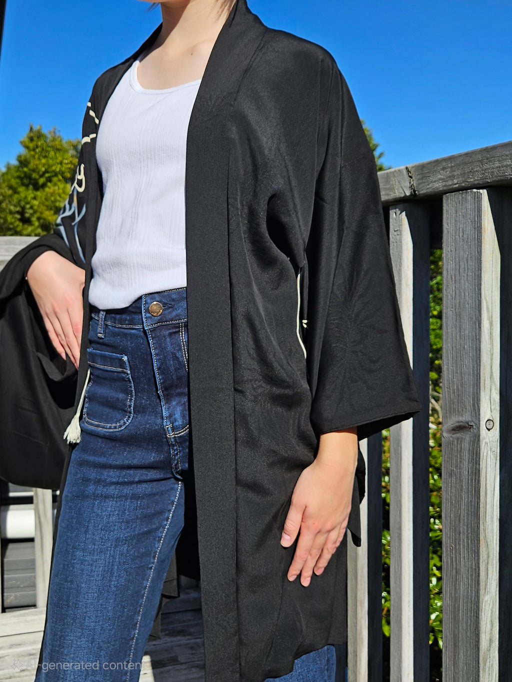 Black Silk with Dyed Cranes & Painted Lining - Haori Jacket