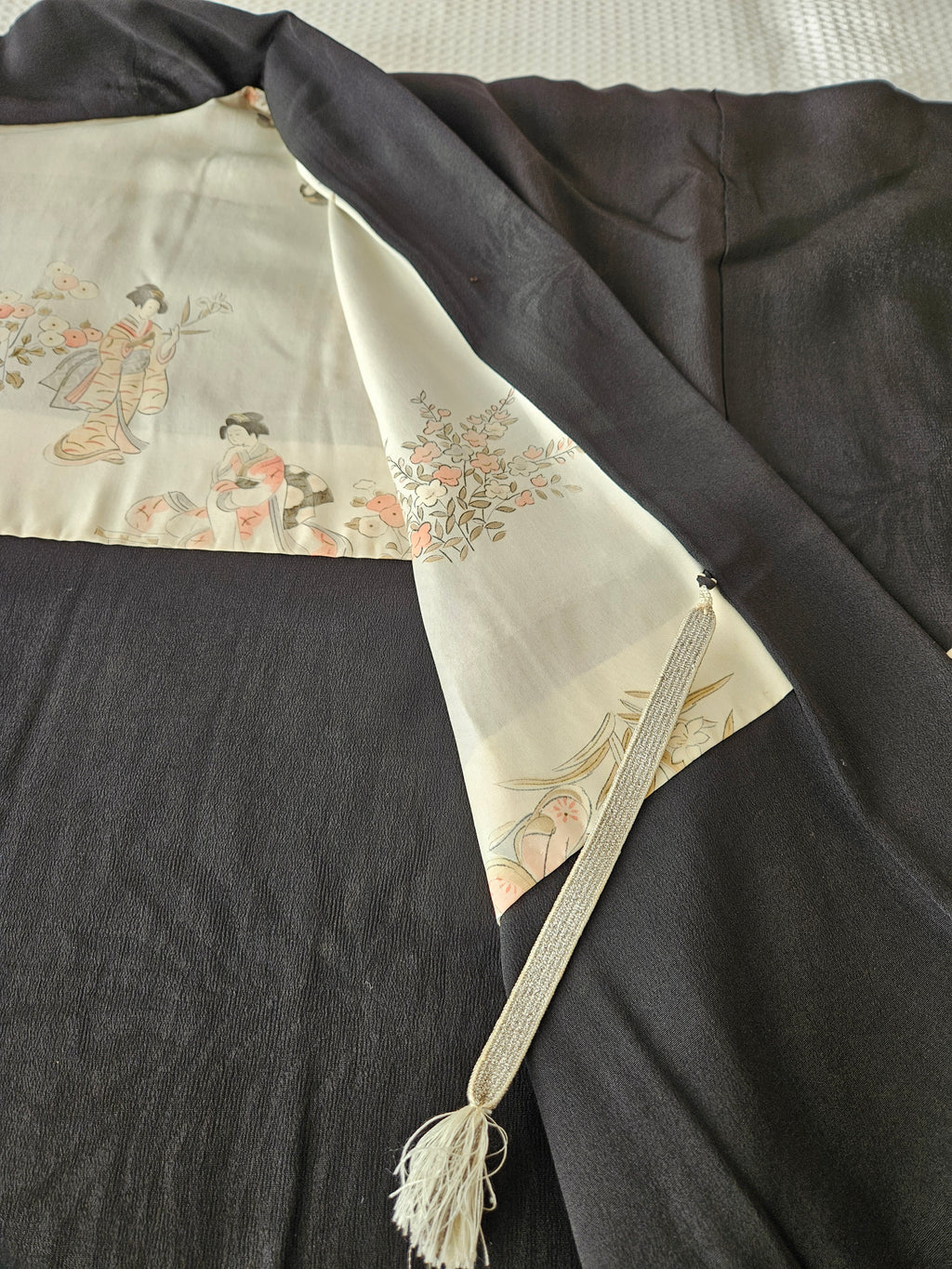 Black Silk with Dyed Cranes & Painted Lining - Haori Jacket