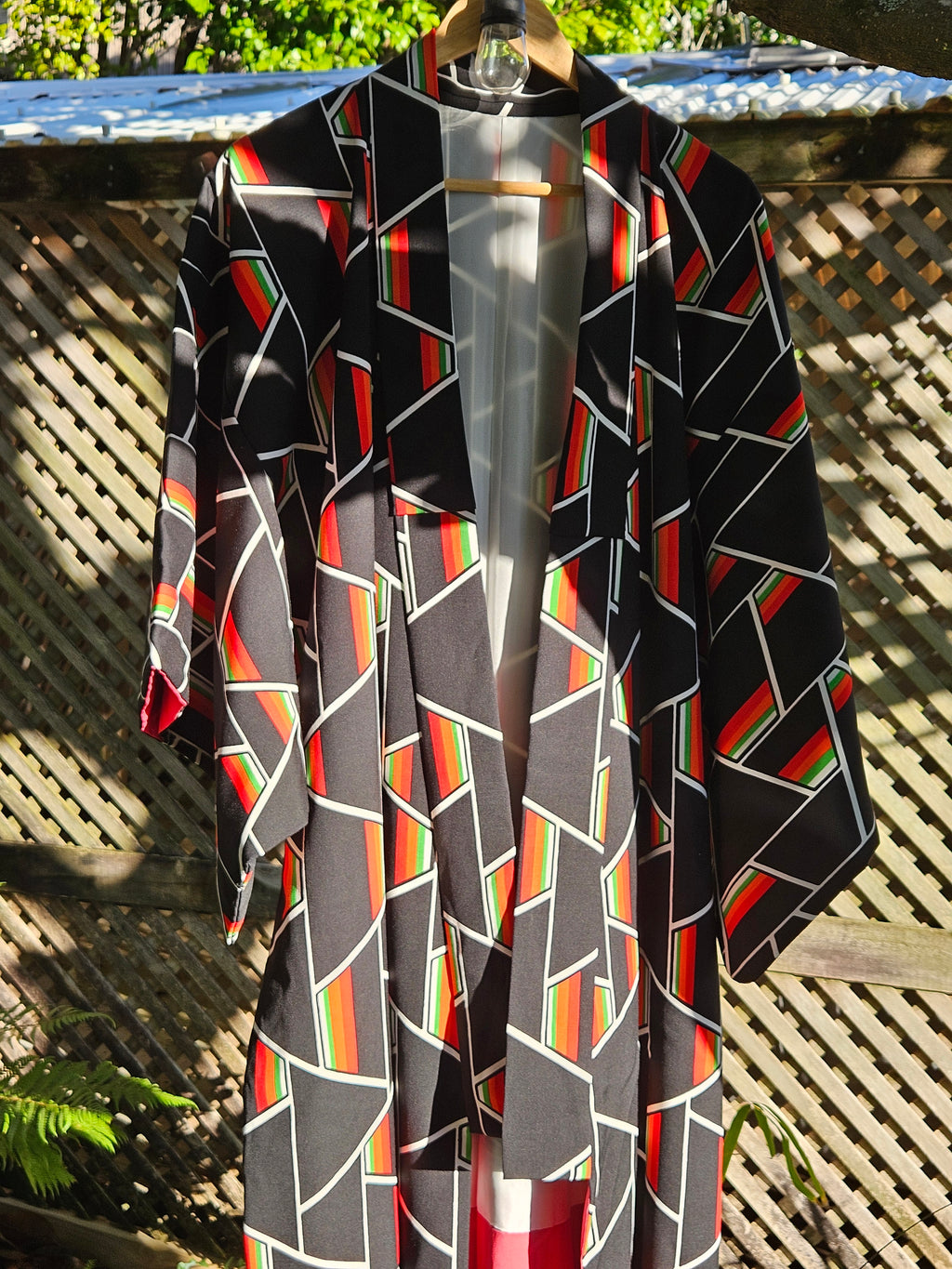 Bold Black Geometric with Red & Green Accents - Vintage Japanese Kimono