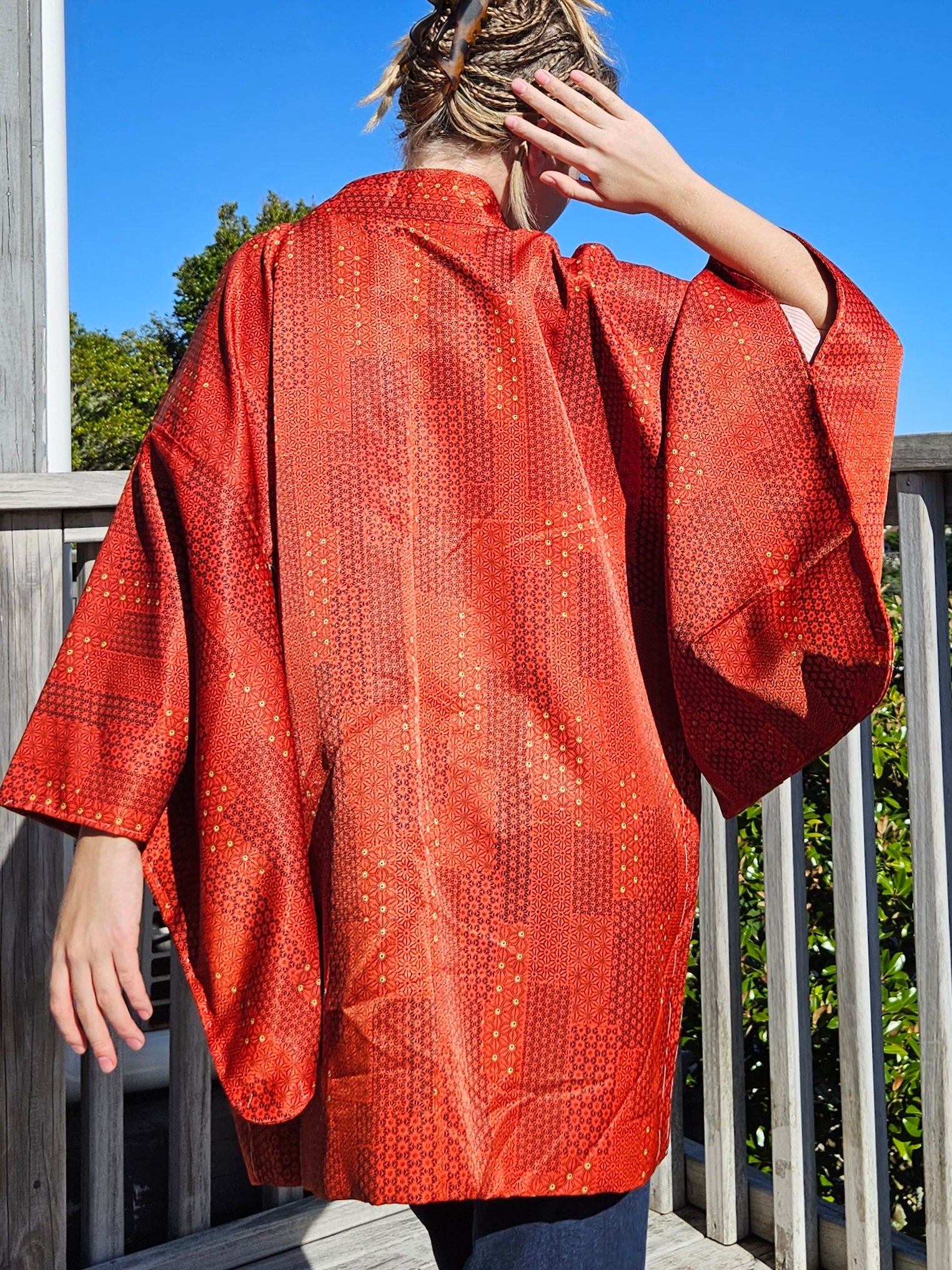 Crimson Gold Geometry - Silk Haori Jacket