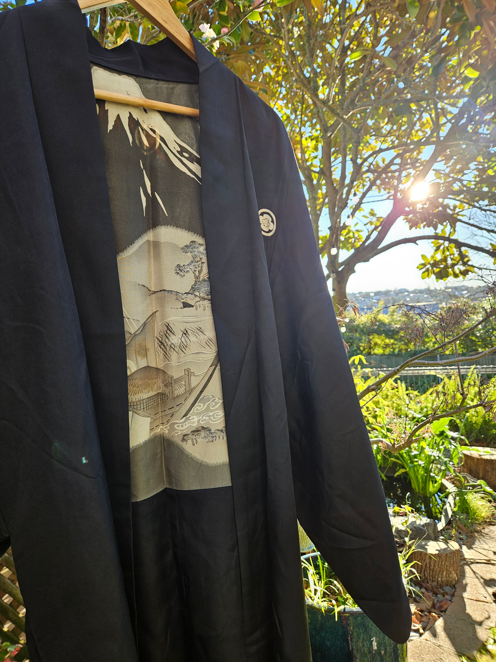 Black Silk with Scenic Mt. Fuji Lining - Men's Haori Jacket