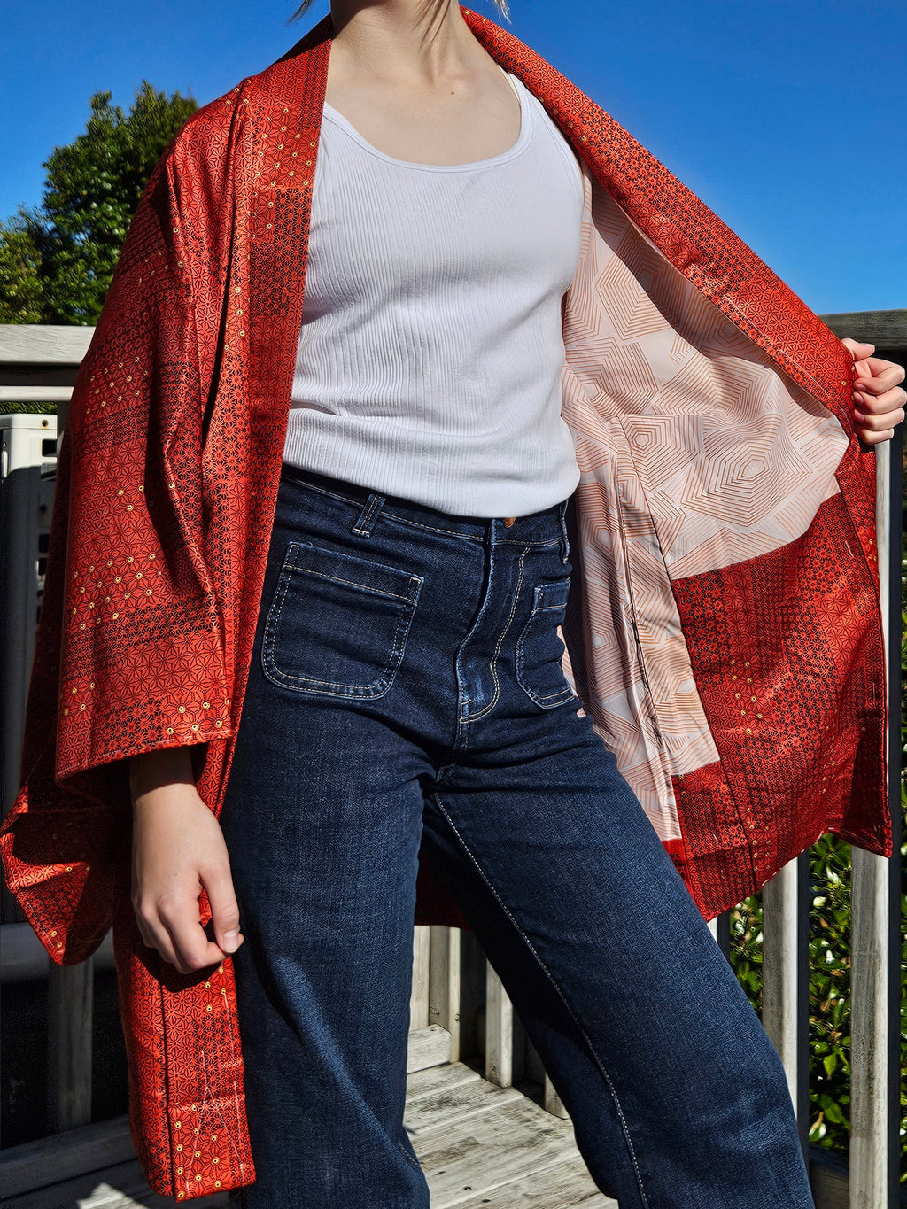 Crimson Gold Geometry - Silk Haori Jacket