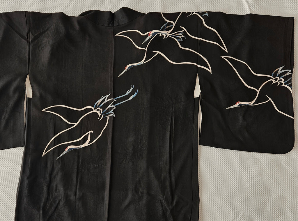 Black Silk with Dyed Cranes & Painted Lining - Haori Jacket